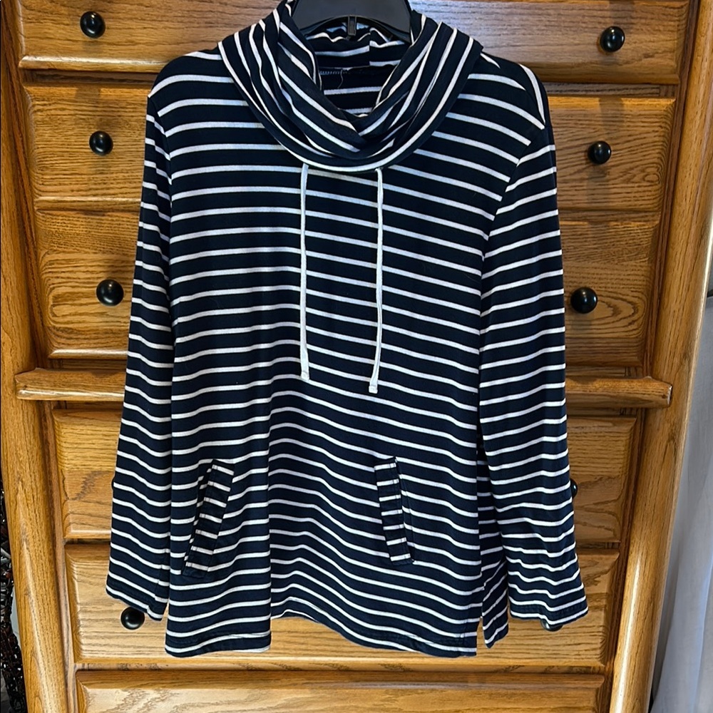 Striped Navy Sweater with Cowl Neck